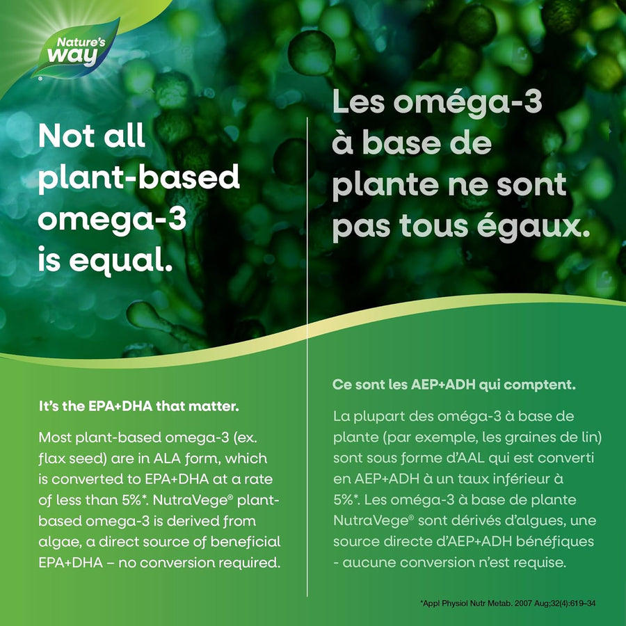 Nature’s Way graphic comparing plant-based omega-3, highlighting EPA and DHA benefits from algae sources.