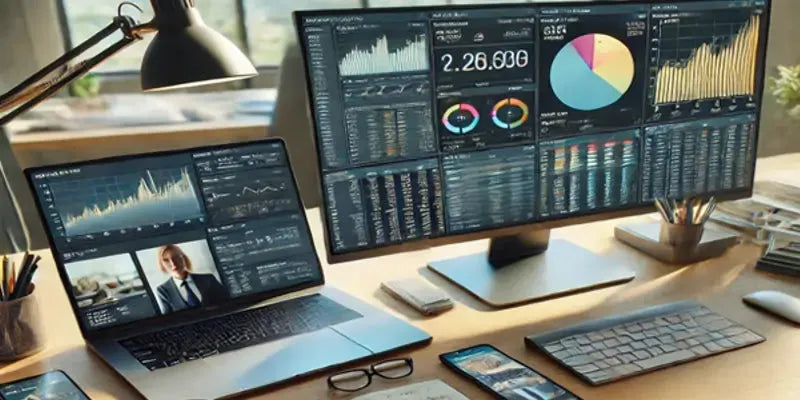 Home office setup showing multiple screens with charts and graphs, highlighting digital eye strain risk.
