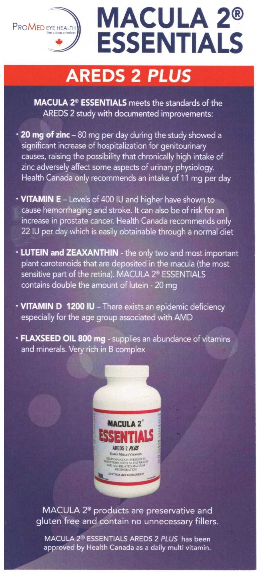 Macula 2 Essentials AREDS 2 Plus vitamins bottle for eye health, highlights zinc, vitamin E, lutein, zeaxanthin, vitamin D, and flaxseed oil