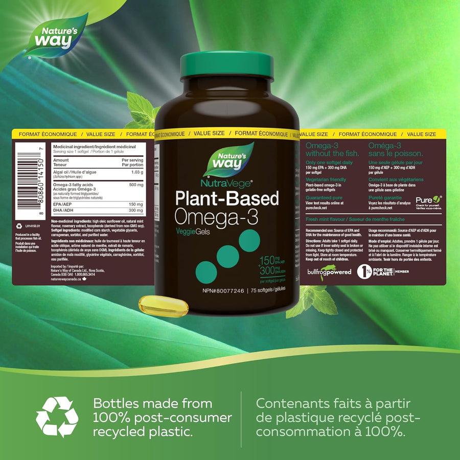 Nature's Way NutraVege Plant-Based Omega-3 supplement bottle with softgel, recycled packaging, and product info.