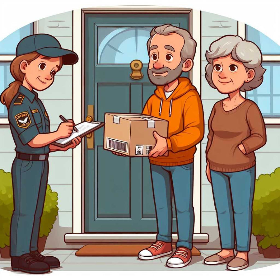 Delivery person handing package to elderly couple at front door, signing receipt