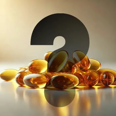 Omega-3 fish oil capsules with question mark, supplement for dry eye and eye health