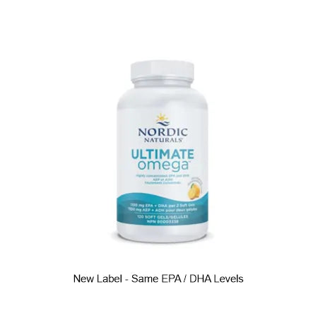 Nordic Naturals Ultimate Omega supplement bottle with new label, omega-3 fish oil softgels
