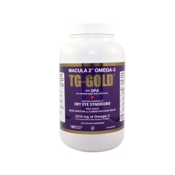TG-Gold Omega-3 supplement bottle for dry eye syndrome and eye health, 180 softgels