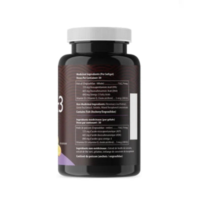 Black supplement bottle with white cap showing Omega-3 high DHA nutrition facts label.