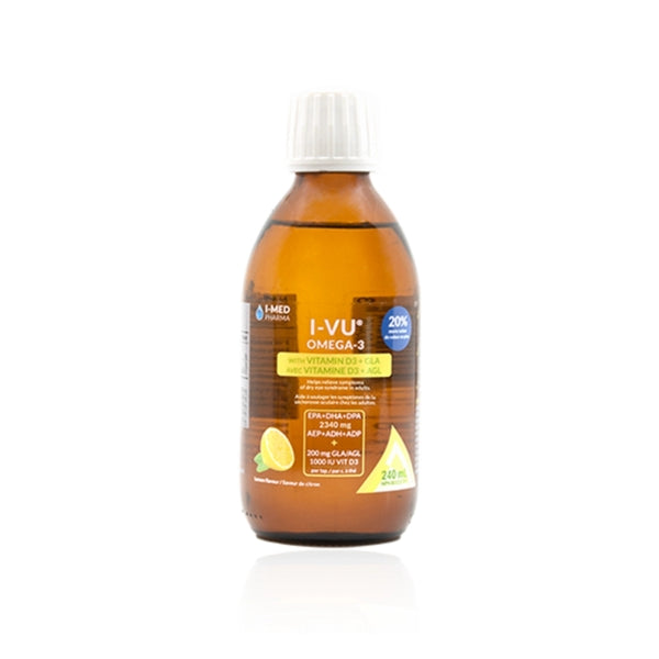 Brown bottle of I-VU Omega-3 liquid supplement with lemon flavor and vitamin D3 for eye health