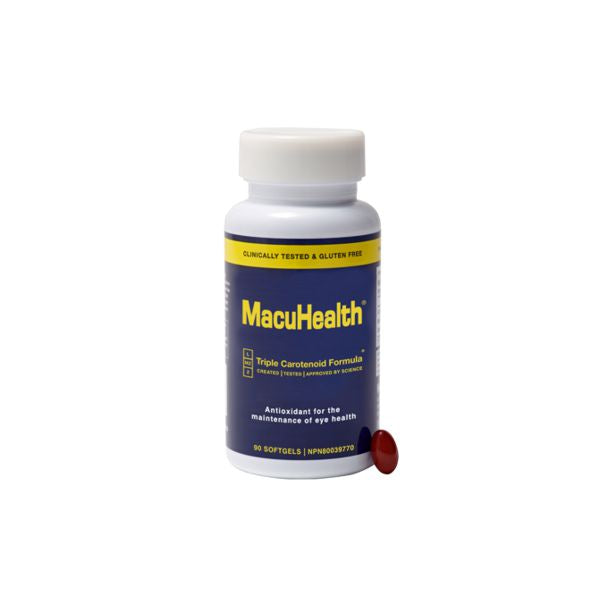 MacuHealth eye health supplement bottle with 90 softgels for vision support