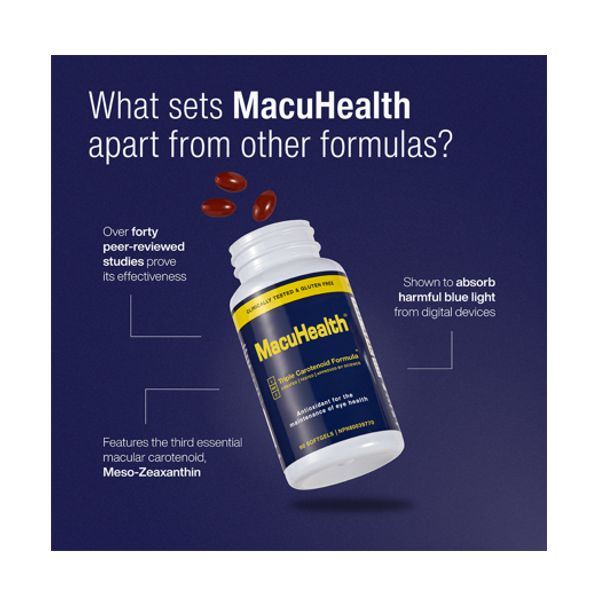 MacuHealth supplement bottle with capsules, highlights benefits for eye health and blue light protection