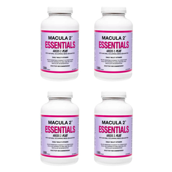 Four bottles of Macula 2 Essentials AREDS 2 Plus eye health vitamins with purple labels