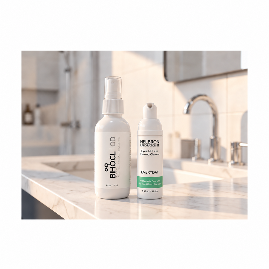 mEYEspa Minimal Blepharitis Lid Care Bundle with cleanser and spray on a marble bathroom counter.