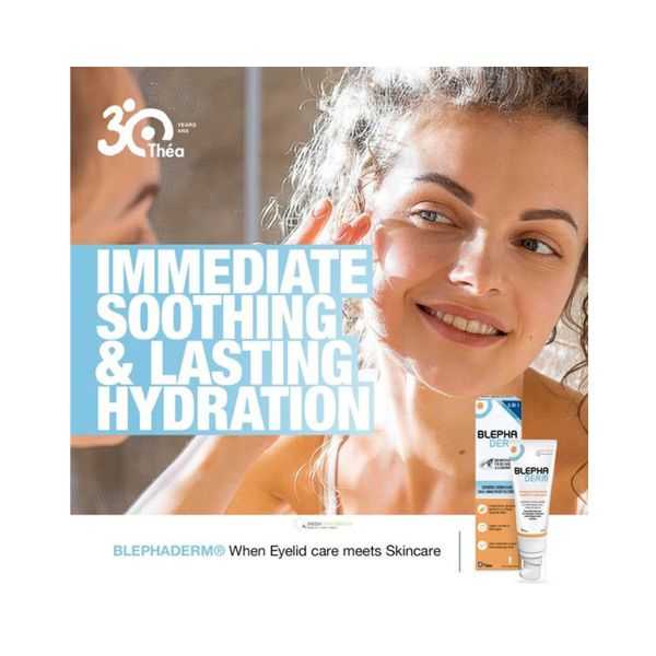 Woman smiling in mirror applying Blephaderm eyelid cream for soothing and hydrating care