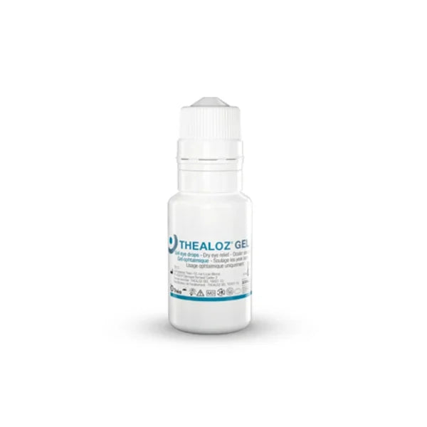 Thealoz Gel for dry eye relief, soothing eye drops in white bottle with blue label
