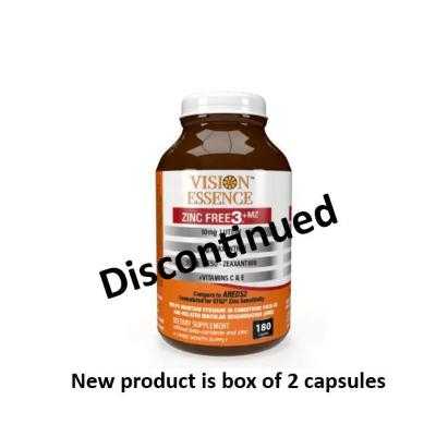 Vision Essence Zinc Free 3 supplement bottle labeled discontinued, with notice of new product format
