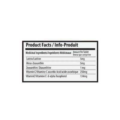 Supplement facts label showing lutein, zeaxanthin, vitamin C and E amounts for eye health.