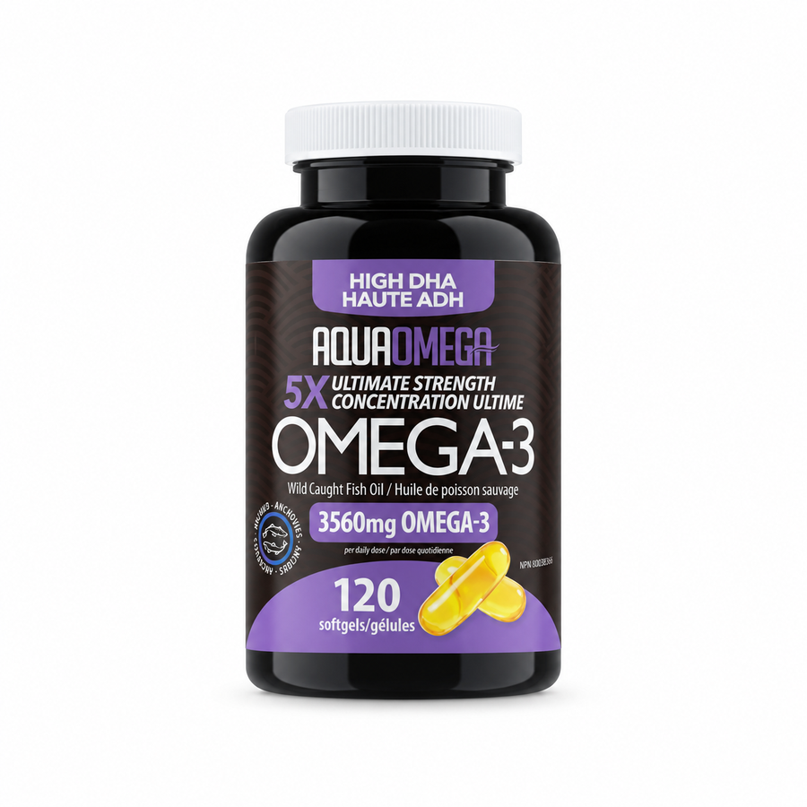 A black bottle of AquaOmega Omega-3 softgels with a white cap, featuring a dark brown and purple label with yellow softgel illustrations, on a white background.