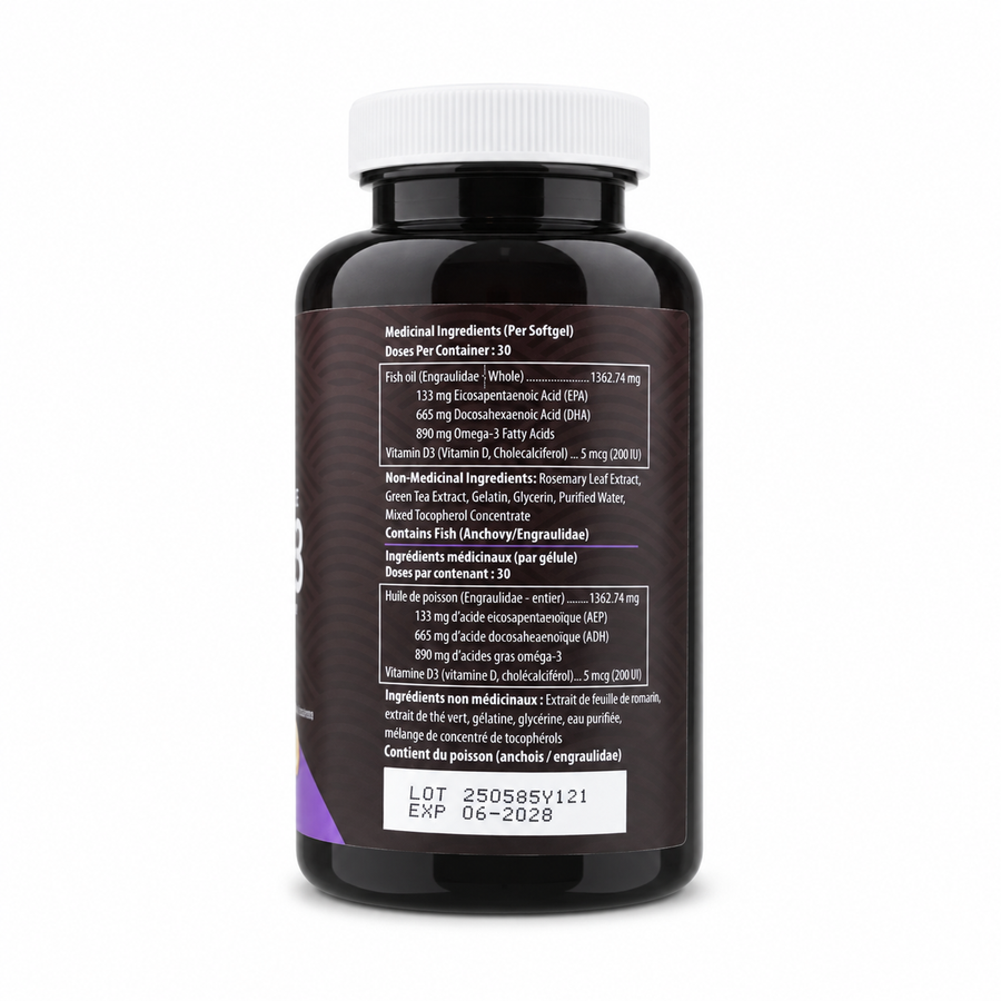 AquaOmega DHA supplement bottle with a white cap, showing the back label with detailed medical and non-medical ingredients in French, on a clean white background.
