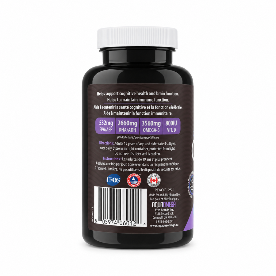 AquaOmega EPA  dietary supplement, showing the back label with text, ingredients, directions, and a barcode on a white background.