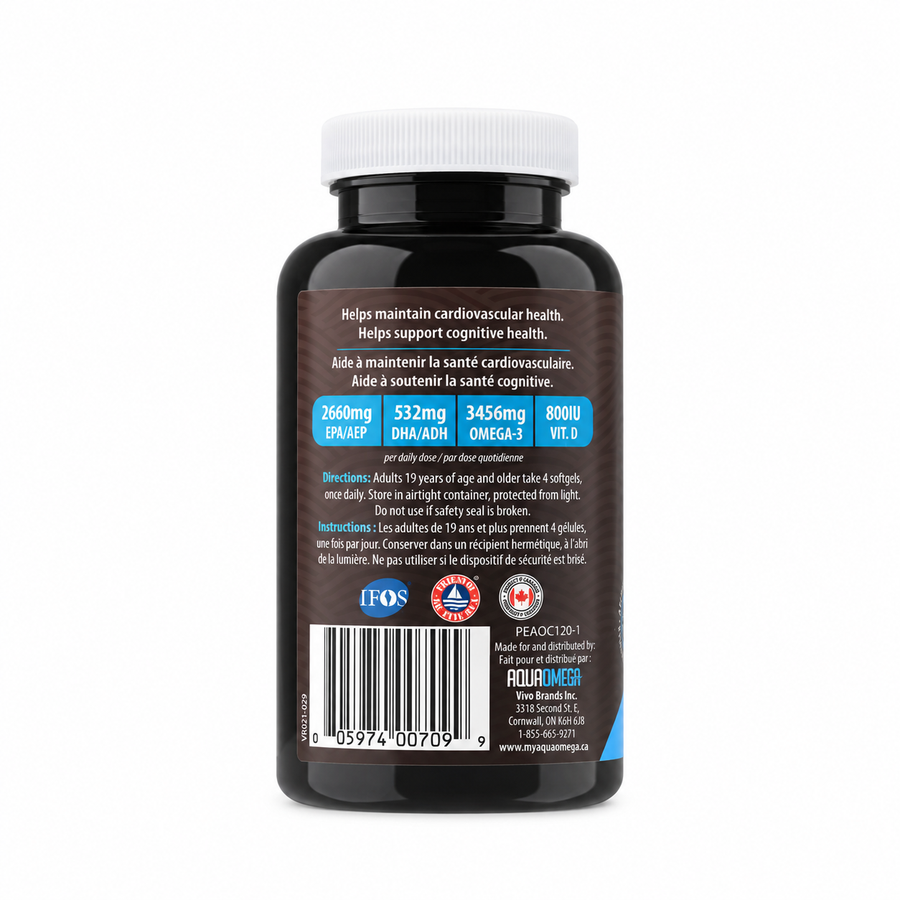 Back view AquaOmega DHA supplement bottle with a white cap, showing the French side panel with product details, ingredients, and a barcode on a white background.