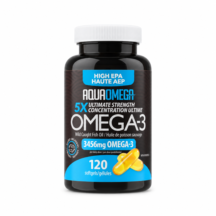 A bottle of Aqua Omega 5X Ultimate Strength Concentration Ultime Omega-3 softgels, 120 count, on a solid white background.