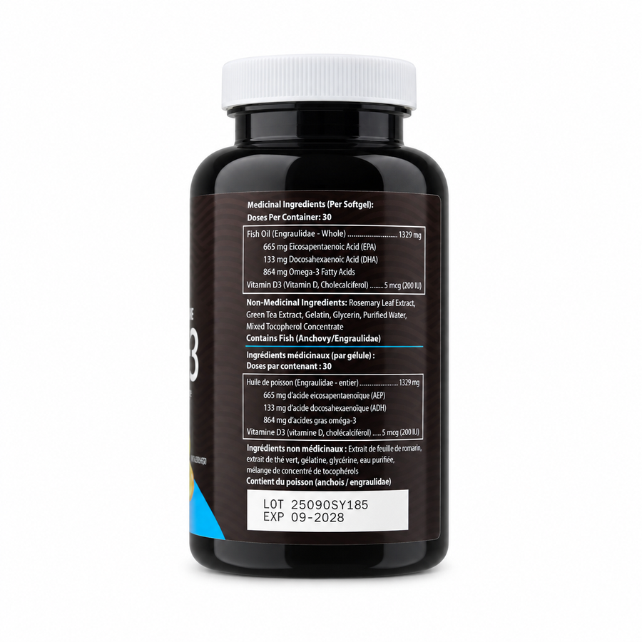AquaOmega EPA supplement bottle with a white cap, showing the back label with ingredients in French, on a clean white background.