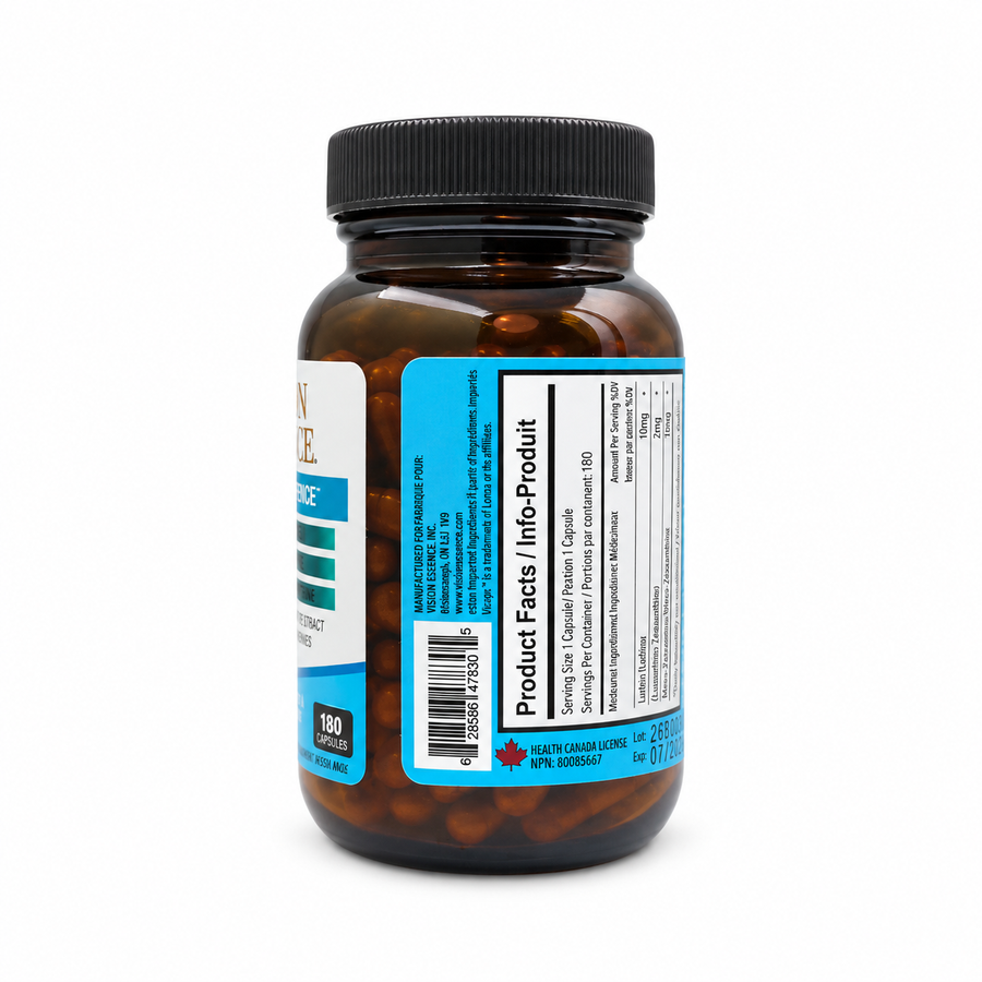 An amber glass supplement bottle with a black ribbed cap, showing the side label and product details against a plain white background.