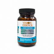 A bottle of Vision Essence Early Defence dietary supplement capsules, featuring an amber glass bottle, black cap, and a white label with blue and gray accents, set against a plain white background.