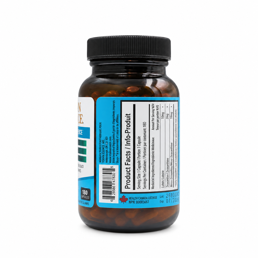 An amber glass supplement bottle with a black ribbed cap, showing the back label with product facts, barcode, and Canadian license information on a white background.