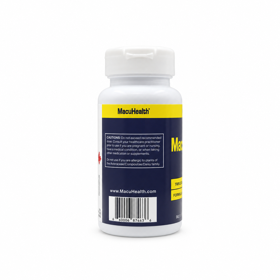 The back of a white plastic bottle of MacuHealth dietary supplements, featuring a dark navy blue label with yellow accents, a UPC barcode, and warning text.