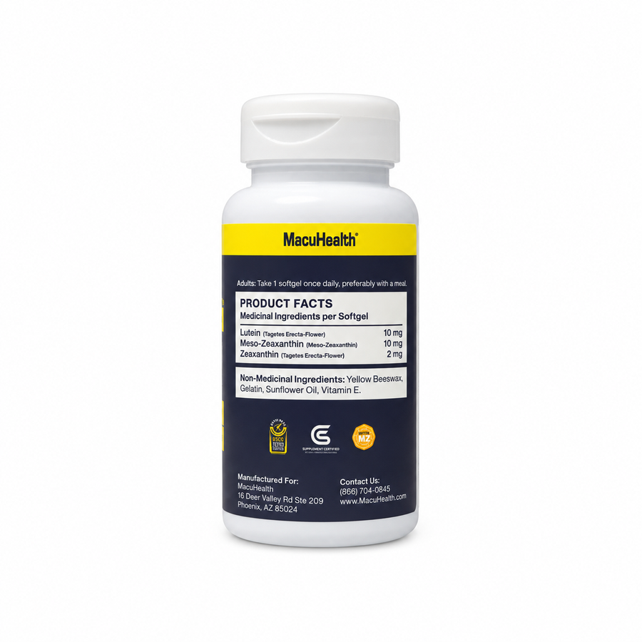 A white plastic bottle of MacuHealth dietary supplements products facts with a white cap, featuring a dark navy blue label with yellow and white text, on a clean white background.