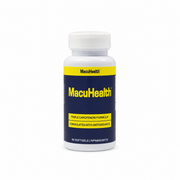 A white plastic bottle of MacuHealth dietary supplements, shown from the back to display the label. The label features a dark navy blue background with a bright yellow band at the top and a barcode at the bottom.