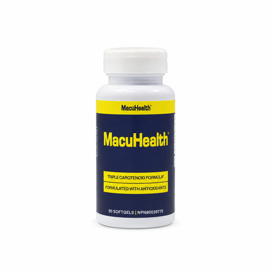 A white plastic bottle of MacuHealth dietary supplements, shown from the back to display the label. The label features a dark navy blue background with a bright yellow band at the top and a barcode at the bottom.