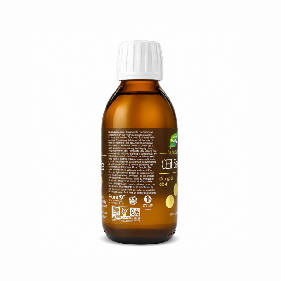 An amber glass bottle of Omega-3 dietary supplement with a white ribbed cap, shown from the back on a clean white background.