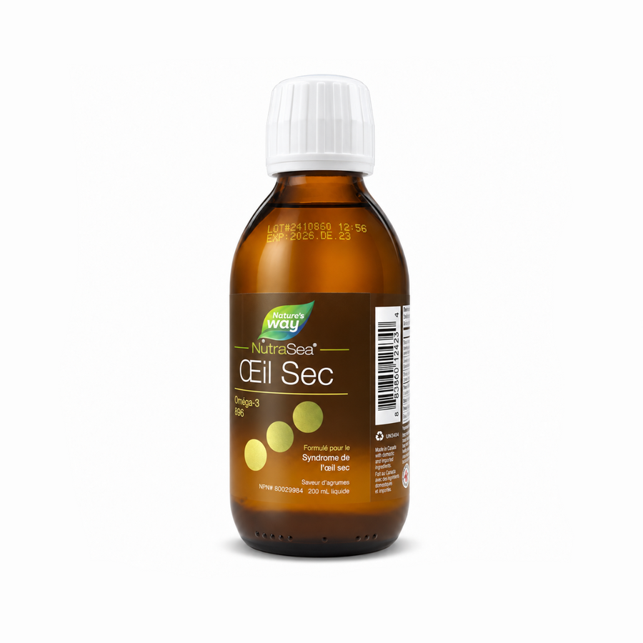 An amber glass bottle of Nature's Way NutraSea Ciel Sec Omega-3 990g with a white ribbed cap, shown on a clean white background.