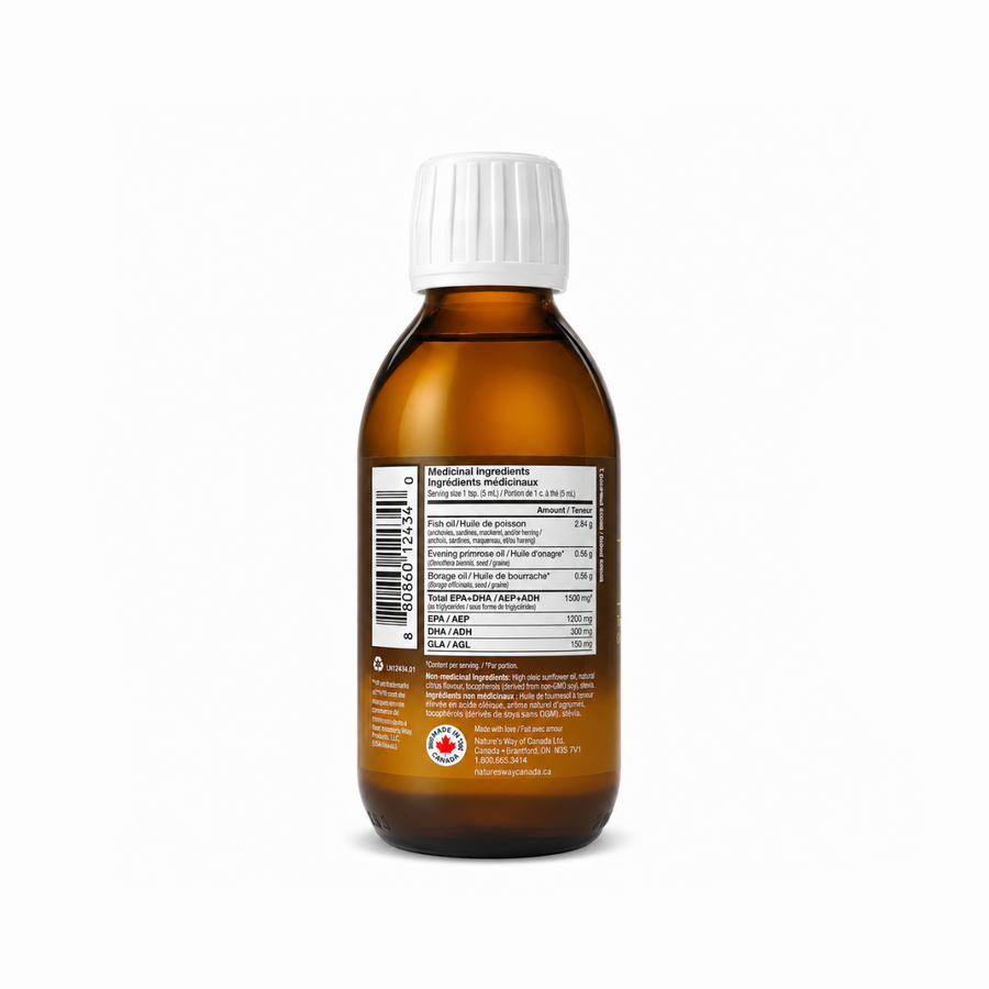 An amber glass bottle of herbal liquid supplement shown from the back, featuring a white ribbed cap and a detailed white ingredient label with text and a Canadian maple leaf logo.