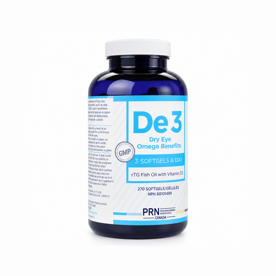 A dark blue bottle of PRN Canada De3 Dry Eye Omega Benefits softgels with a white cap and a light blue and white label, set against a plain white background.