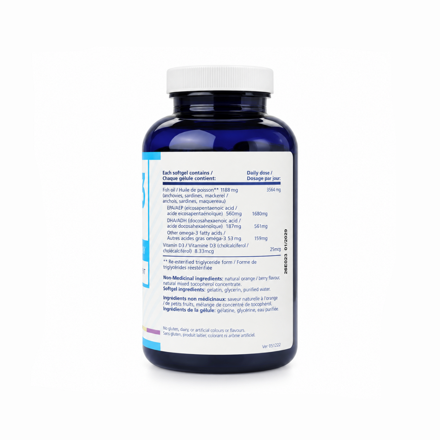 A dark blue plastic bottle of Mucorin Europe dietary supplements, shown from the back with a white cap and a white label containing black text.
