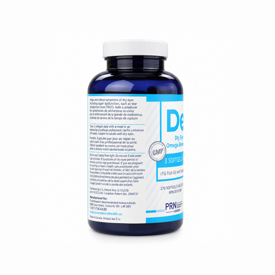 A dark blue bottle of PRN Health 'D' Omega 3  270 Softgels with a white cap, shown on a clean white background. The label features a blue and white design with text detailing the product's benefits for dry eyes and tear production.