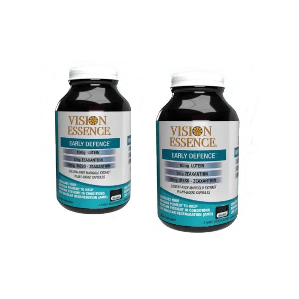 Two bottles of Vision Essence Early Defence eye health supplements with lutein and zeaxanthin for macular health.