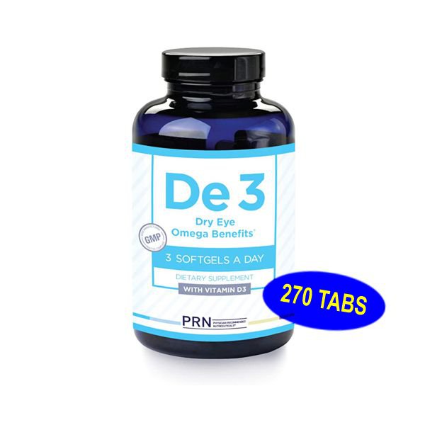 De3 Dry Eye Omega Benefits supplement bottle with vitamin D3, 270 softgels for eye health
