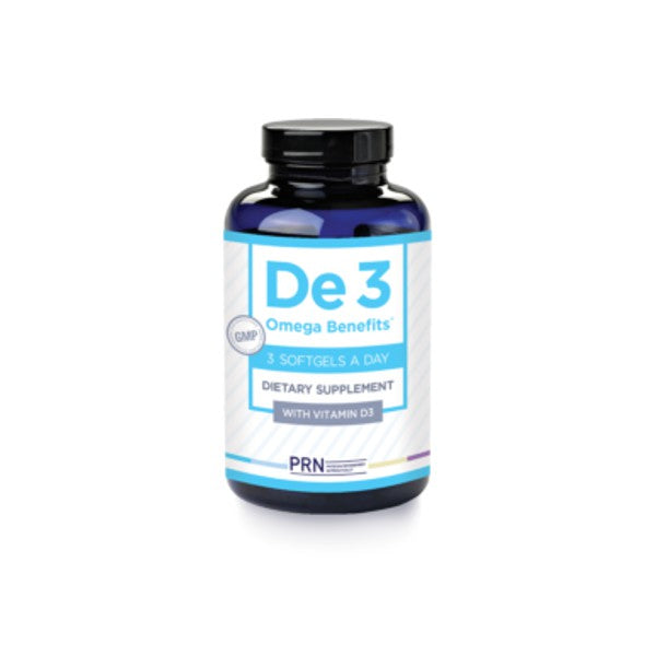 De 3 Omega Benefits dietary supplement bottle with vitamin D3 for eye health