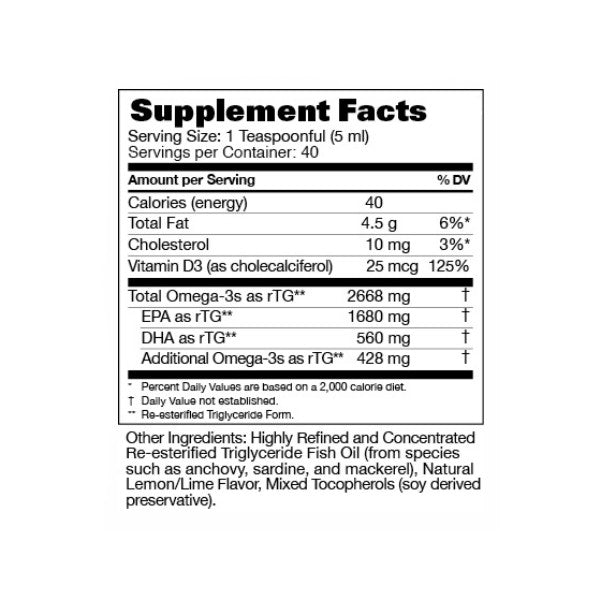 Supplement Facts label for Omega-3 fish oil liquid with vitamin D3, EPA, DHA content