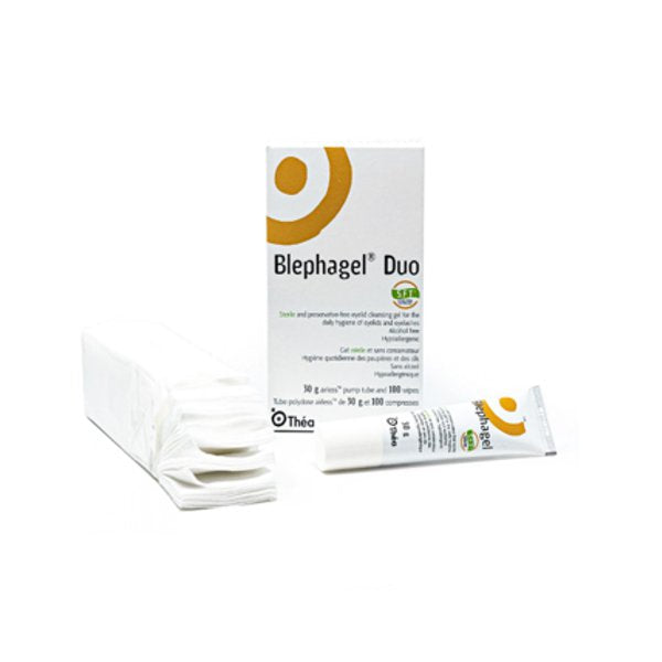 Blephagel Duo eyelid cleansing gel with wipes, box and tube for blepharitis care
