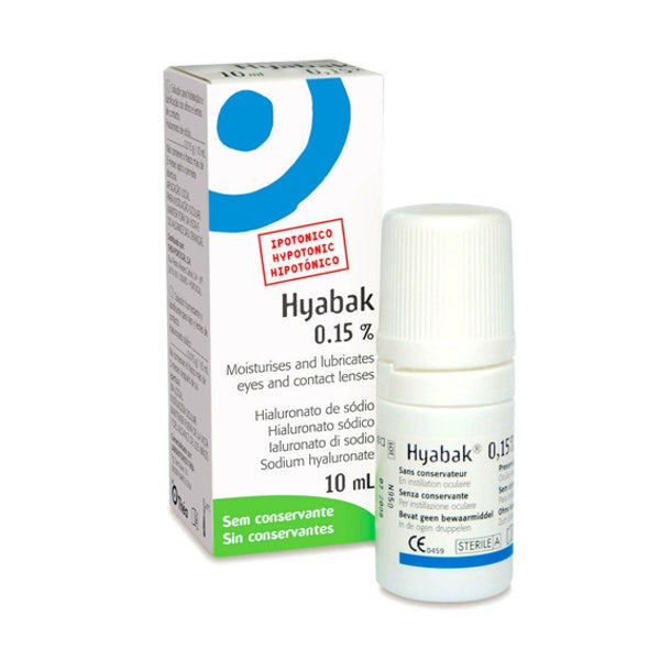 Hyabak 0.15% eye drops for dry eyes and contact lenses, 10ml bottle with packaging