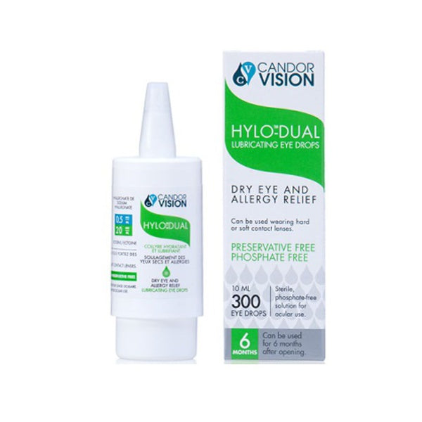 HYLO-DUAL lubricating eye drops bottle and box for dry eye and allergy relief