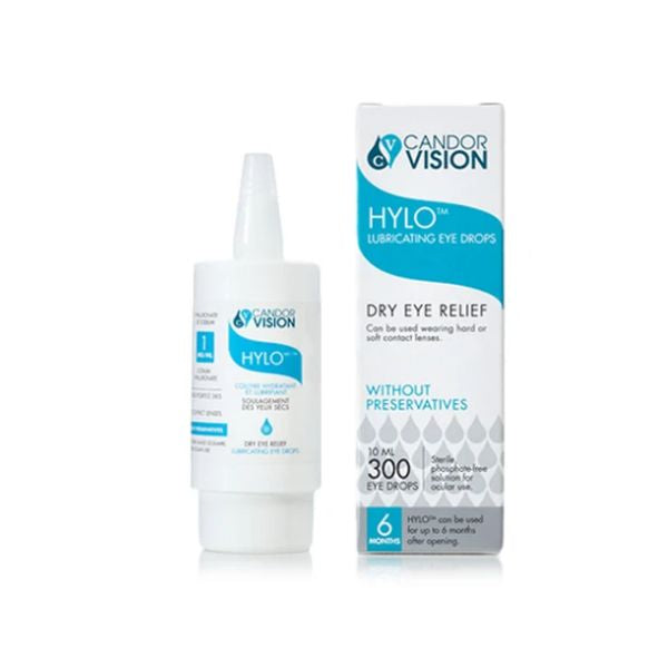 Candor Vision HYLO lubricating eye drops bottle and box for dry eye relief