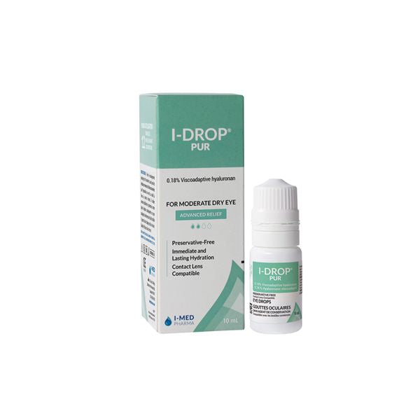 I-DROP PUR eye drops for moderate dry eye, 10ml bottle and packaging, preservative-free