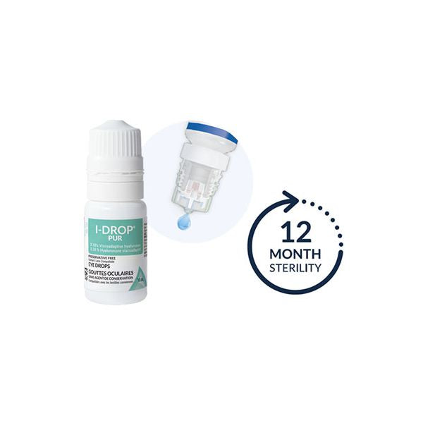 I-DROP PUR lubricating eye drops bottle with dropper and 12 month sterility label