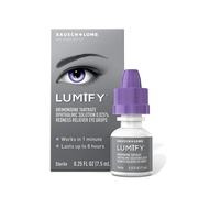 Lumify redness reliever eye drops 7.5 mL bottle and box with purple cap for red eyes