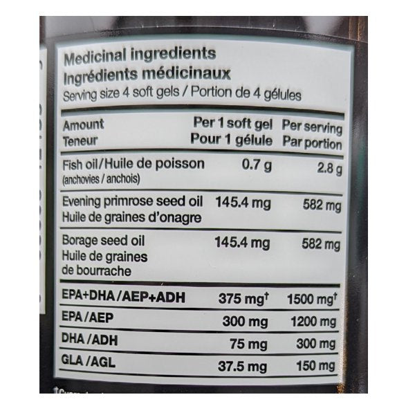 Supplement label showing fish oil, evening primrose oil, borage seed oil, EPA and DHA content.