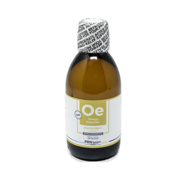 Liquid Omega-3 supplement bottle with high potency, labeled Omega Essentials with vitamin D3
